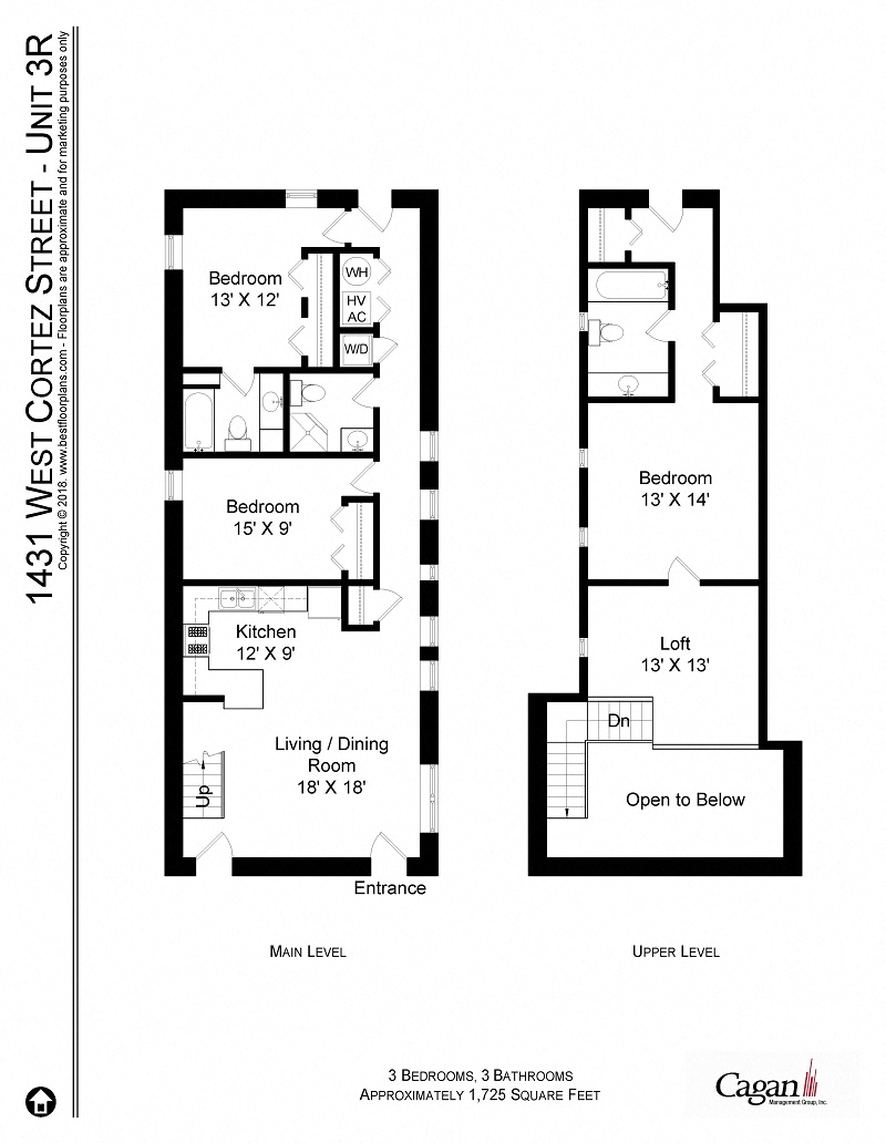 Floor plan for 3 beds, 3 baths, 1725 sqft